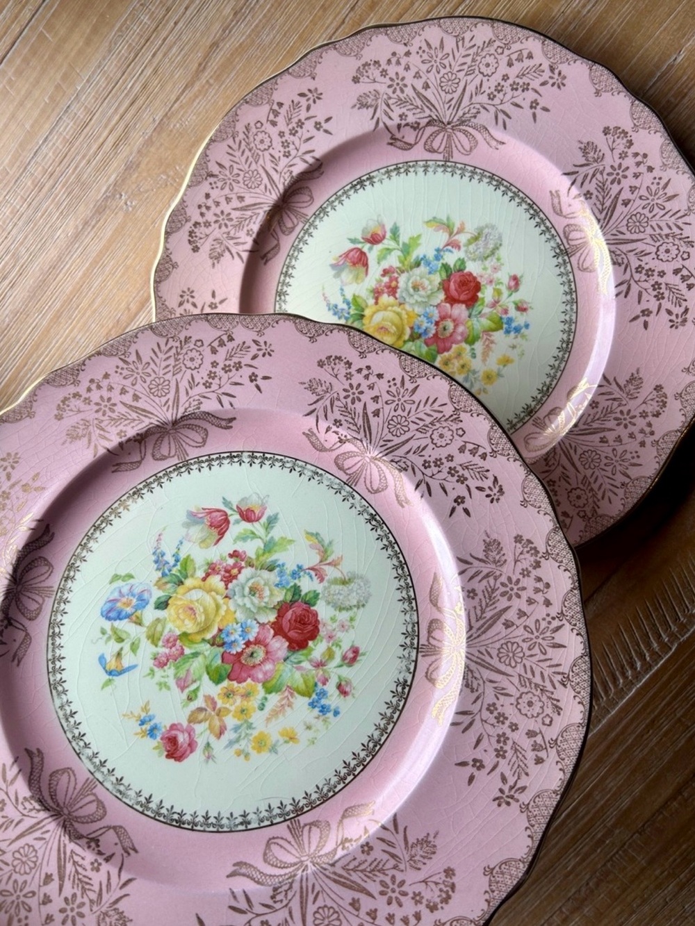 Vintage Steubenville Pottery Floral Gold Trim Plates Set of 2.